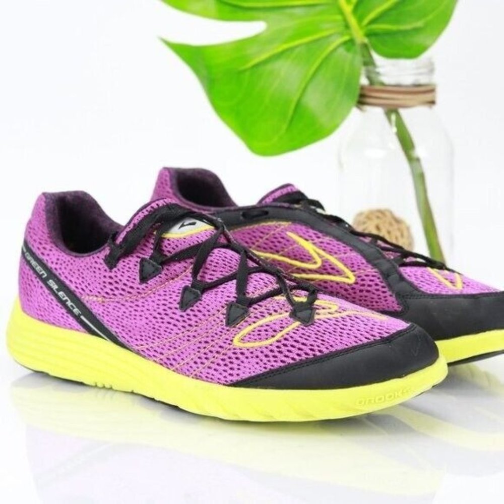 Brooks Women's Green Silence Running Shoe Size 12 Purple Neon Lightweight Bouncy